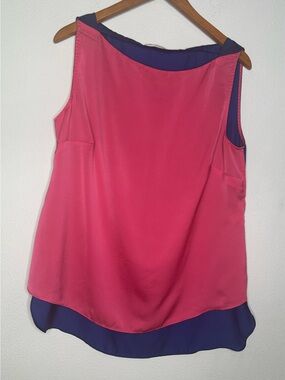 Tahari Pink Navy Colorblock Layered Sleeveless Blouse Women’s Large High Low Top